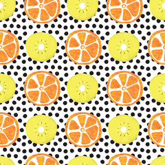 Wall Mural - Orange and kiwi slices seamless vector pattern. Abstract summer fruit background with black polka dots on white.