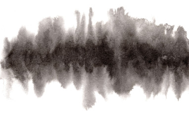 Wall Mural - Abstract expressive wet blurring textured black ink or watercolor horizontal stain. Mysterious isolated lined inky smear, dark thunderous cloud concept, wavy background