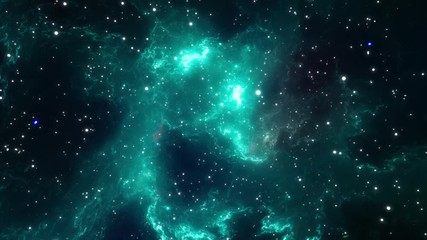 Wall Mural - camera flying through the clouds and star field in outer space. animation of flying through glowing 