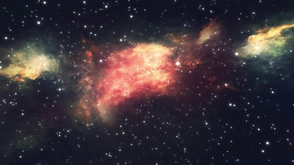Wall Mural - camera flying through the clouds and star field in outer space. animation of flying through glowing 