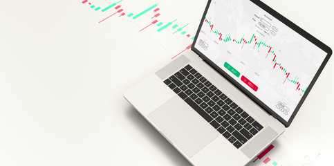 Poster - White stock exchange scene with laptop, chart, numbers and BUY and SELL options (3D illustration)