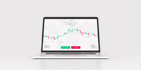 Poster - White stock exchange scene with laptop, chart, numbers and BUY and SELL options (3D illustration)
