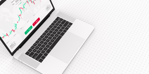 Poster - white stock exchange scene with laptop, chart, numbers and buy and sell options (3d illustration)