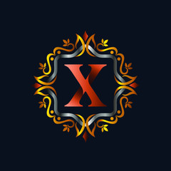 Alphabet x in vintage emblem logo design