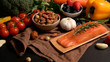 © bongkarn - Close up view of Healthy food assortment with salmon, fruits, vegetable, seeds and copy space on black table