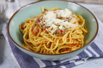 Wall Mural - assiette de spaghetti au boeuf et poivron