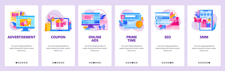 Advertising website and mobile app onboarding screens vector template