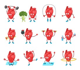 Cute cartoon heart organ vector illustration. Happy hearty character in healthy sport activity, doing exercise with dumbbell, yoga, lifting or running. Human flat heart fitness icons isolated on white