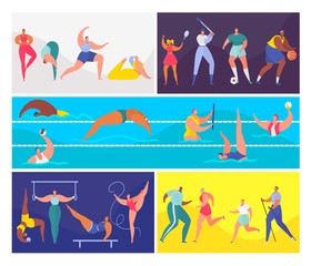 Cartoon sport people vector illustration set. Active flat man woman character in healthy sport activity, person training, swimming, doing yoga exercise in gym. Runner in marathon athlete, game player