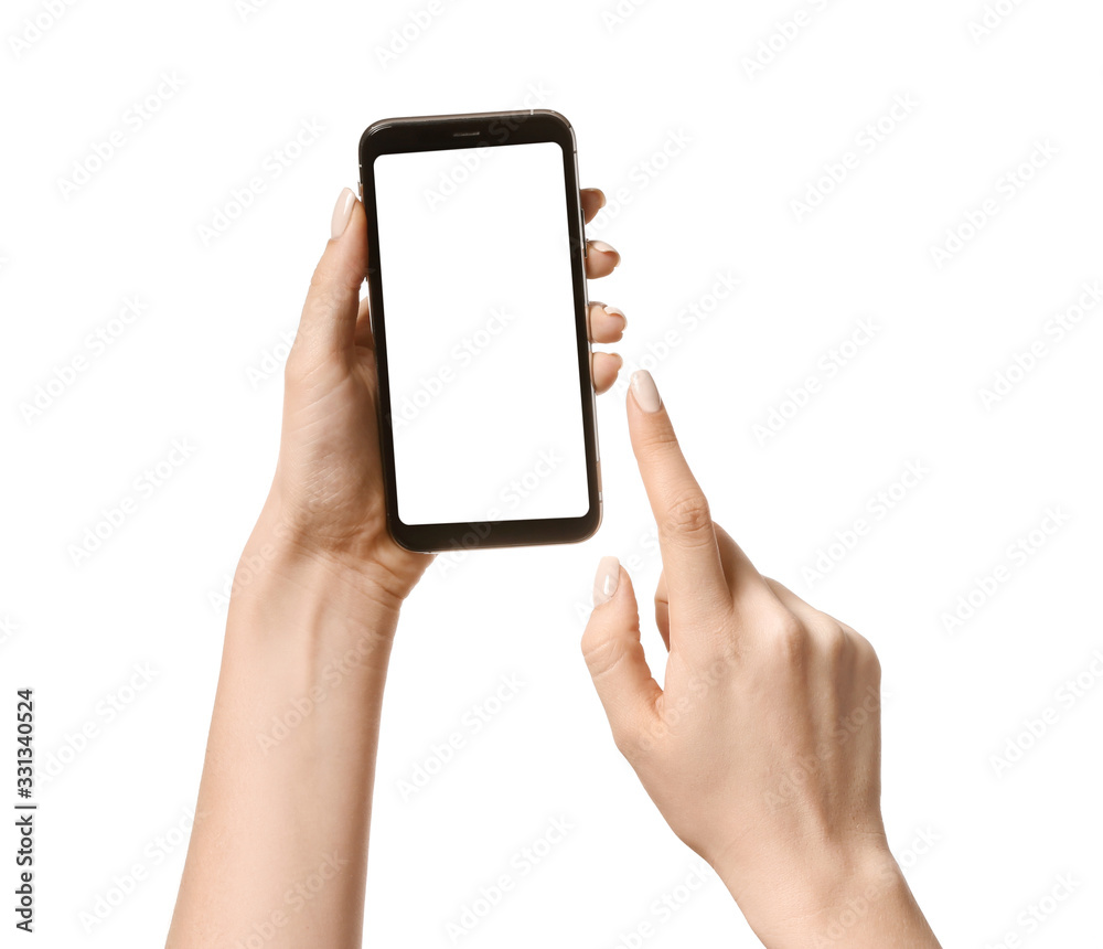 Female hands with mobile phone on white background