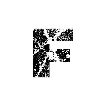 Painted letter F. Abstract handmade sans serif typeface. Distress textured font. Ink splatter surface trace. Vector stock illustration EPS 10. Isolated on white.