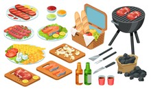 Isometric Barbecue Food, Bbq Grill Meat, Vector Illustration Set. Cartoon Grilled Beef, Fish Steak With Various Hot Tomato Sauce On Picnic Summer Party, Cooking Food On Fire 3d Icons Isolated On White