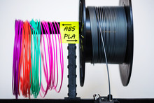 Loaded Plastic Filament On Extruder With A Sticky Note That Labels The Variety Of Plastics Used In 3d Printing.
