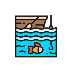 Wall Mural - Fishing on boat flat color line icon.