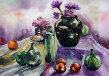 Art Watercolor Painting Fine Art Glass Jar Fruit Fabric