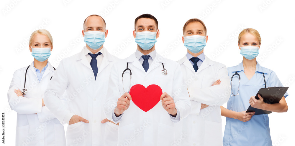 medicine, cardiology and healthcare concept - group of doctors wearing protective medical masks with red heart and stethoscopes over white background - obrazy, fototapety, plakaty 