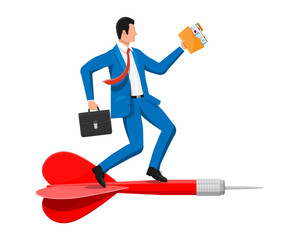 Aufkleber - Businessman on dart aim arrow to target. Goal setting smart goal. Business man in suit with briefcase, folder with documents. Business target concept. Achievement and success. Flat vector illustration