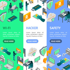 Poster - Hacker Attack Concept Banner Vecrtical Set 3d Isometric View. Vector