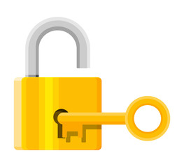 Poster - Metal padlock with key. Pad lock with keyring. Protection, security and defence. Vector illustration in flat style