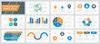 Set of grey, orange, blue and turquoise elements for multipurpose presentation template slides with graphs and charts.