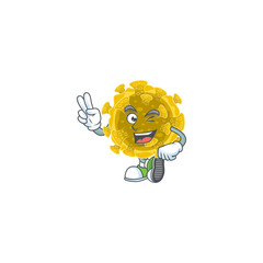 Poster - A joyful infectious coronavirus mascot design showing his two fingers