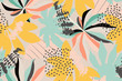 © taisiyakozorez - Bright, multi-color seamless pattern with elements of tropical leaves. Modern abstract collage.