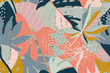 Bright, multi-color seamless pattern with elements of tropical leaves. Modern abstract collage.