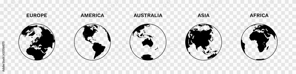 Set of Globe Illustration Vector of 5 Continents : Europe America Australia Asia Africa. World map vector illustration black silhouette bundle - obrazy, fototapety, plakaty 