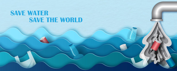 Wall Mural - Closeup and crop junk on the Ocean wave with factory pipeline and waste water and slogan on blue background. 