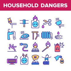 Wall Mural - Household Dangers Collection Icons Set Vector. Short Circuit And Fire, Flood And Gas Leak, Balloon Explosion And Burning Match House Dangers Concept Linear Pictograms. Color Contour Illustrations