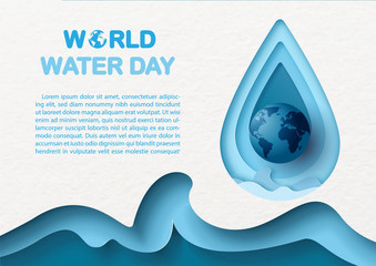 Fototapete - Closeup the blue globe on giant water droplet and abstract blue sea wave in paper cut style with wording of World water day, example texts on white paper pattern background