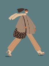 Walking Woman In A Protective Mask. Trendy Hand Drawn Illustration In Procreate. Simple Style, Fashion Design. Might Be Used For Posters, Magazine Articles, Backgrounds, Etc.