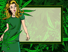 Beautiful Woman Dance. Marijuana Leafs Backdrop. Cannabis Leafs Background. Vector Image. Design Template With Frame.