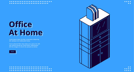 Wall Mural - Office at home isometric landing page. Workplace with drawer cabinet and file organizer on blue background, working equipment for businessman, analyst, freelancer, 3d vector line art web banner