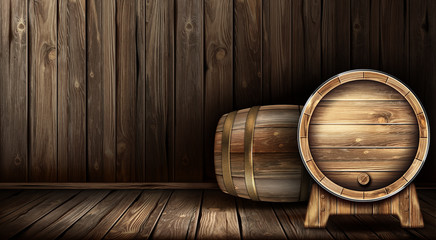 wood barrels for wine or beer. cask from oak wood on stand in cellar of brewery or winery. vector re