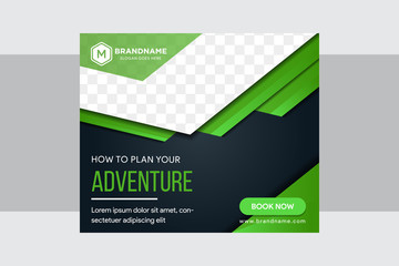 Poster - Abstract horizontal banner for web page advertising with space for photo on top. horizontal layout use adventure for sample of text. The colors are light green and black gradient. 