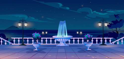 Summer seafront at night time, empty quay with ocean view, fountain, decorative trees, street lamps and vintage fence. Sea nighttime landscape with promenade on resort, Cartoon vector illustration