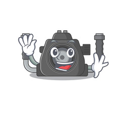 Sticker - Smiley underwater camera cartoon mascot design with waving hand