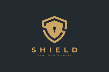 Poster - gold letter s shield with keyhole inside. security logo protection symbol vector logo design