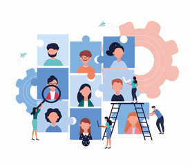 Wall Mural - Company employment vacancy and human resources concept with an interlocking graph of jigsaw puzzle pieces showing diverse people and business personnel conducting a search head hunting, vector