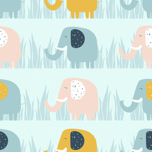 Happy Elephants, Hand Drawn Backdrop. Colorful Seamless Pattern With Animals. Decorative Cute Wallpaper, Good For Printing. Overlapping Background Vector