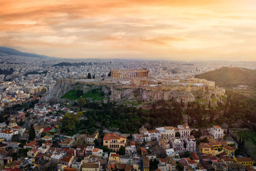Fototapete - Der antike Parthenon Tempel auf der Akropolis von Athen, Griechenland bei Sonnenuntergang
