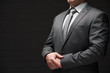 © soleg - businessman portrait dressed in gray suit, dark wall background