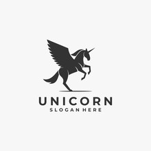 Vector Logo Illustration Unicorn Jump Silhouette Style.
