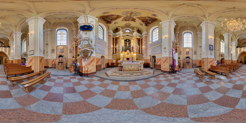 Canvas Print - Full spherical seamless hdri panorama 360 degrees angle inside interior of old baroque catholic church in equirectangular projection, VR AR content