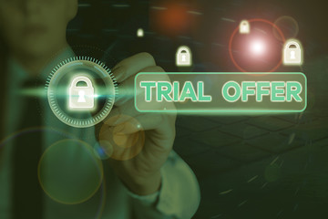 Aufkleber - Writing note showing Trial Offer. Business concept for A temporary free or discounted offer of a product or services