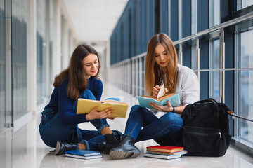 Wall Mural - two pretty female students with books sitting on the floor in the university hallway