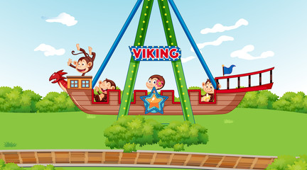 Canvas Print - Happy monkeys riding on viking ship in the park