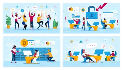 Corporate Party, Network Security, Bitcoin Trading, Employees Motivation Trendy Flat Vector Concepts Set. Dancing Coworkers, Employees in Panic, Miners Team, Procrastinating Programmer Illustration