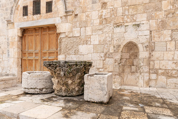 Remains of stone columns near the entrance to the Islamic Museum on the Temple Mount in the Old Town of Jerusalem in Israel